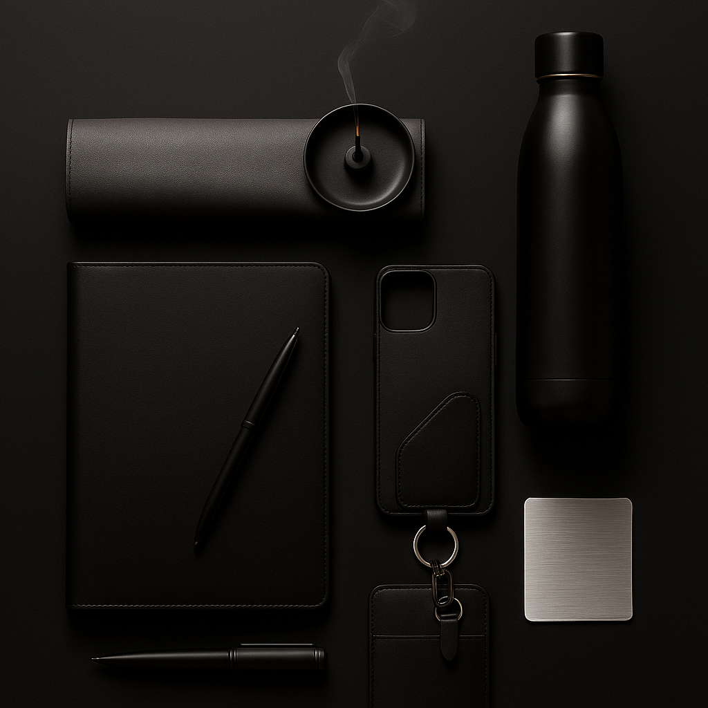 Collection of black stationery items including a notebook, pen, phone case, and water bottle on a dark background.