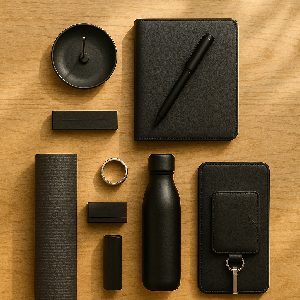 Collection of black office supplies on a wooden surface