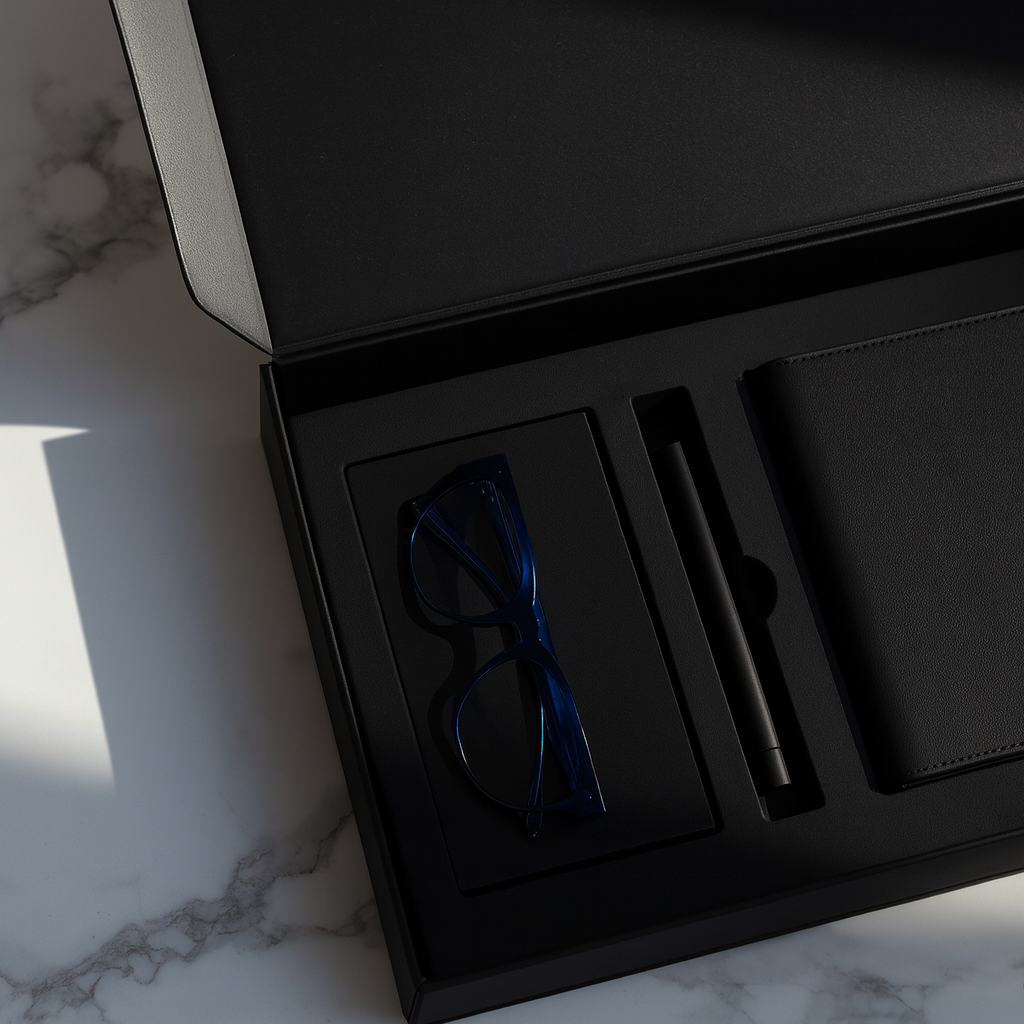 Black box with eyeglasses and a pen on a marble surface
