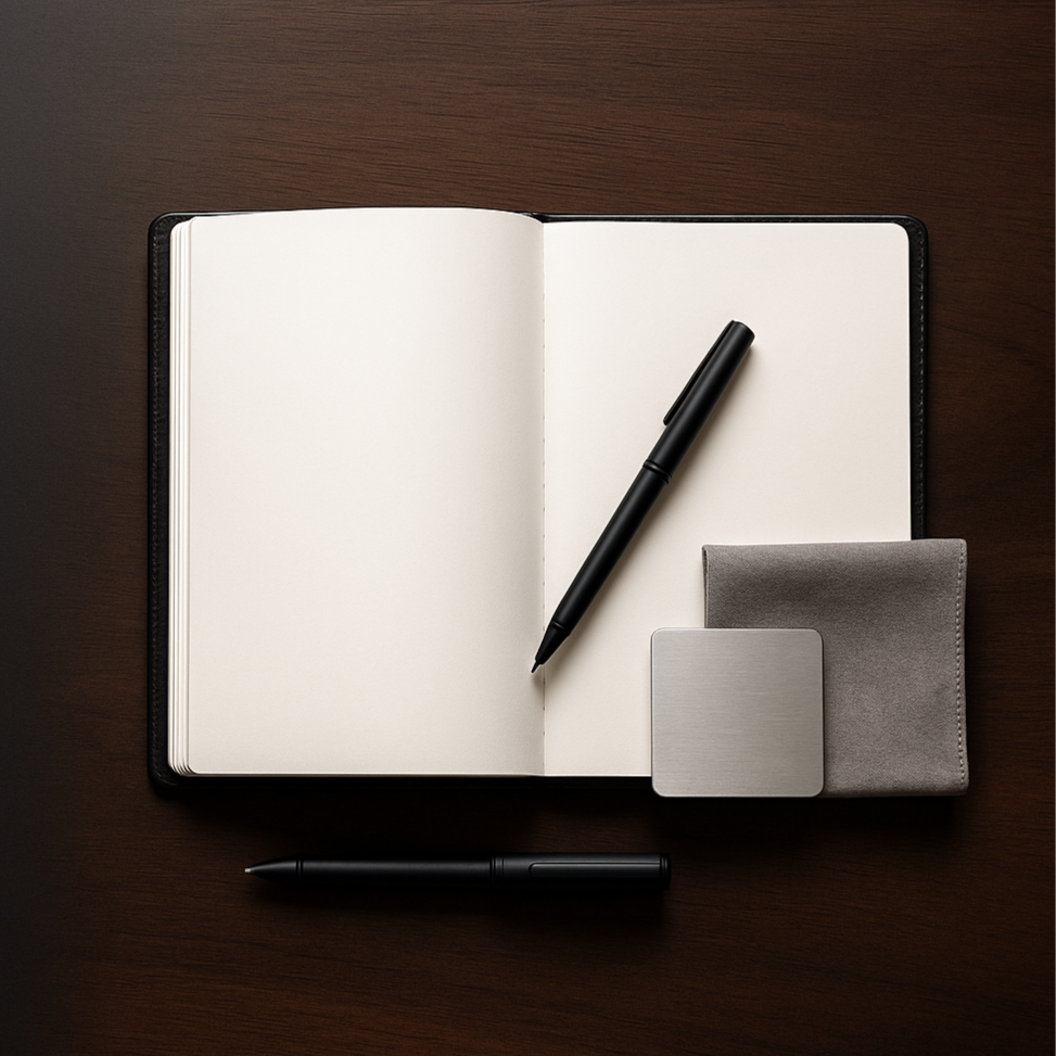 Open notebook with a pen and eraser on a dark surface