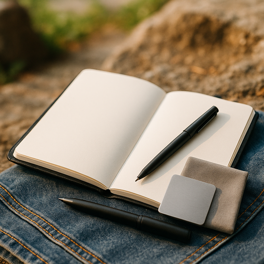 Open notebook with pen and square object on jeans against a natural background